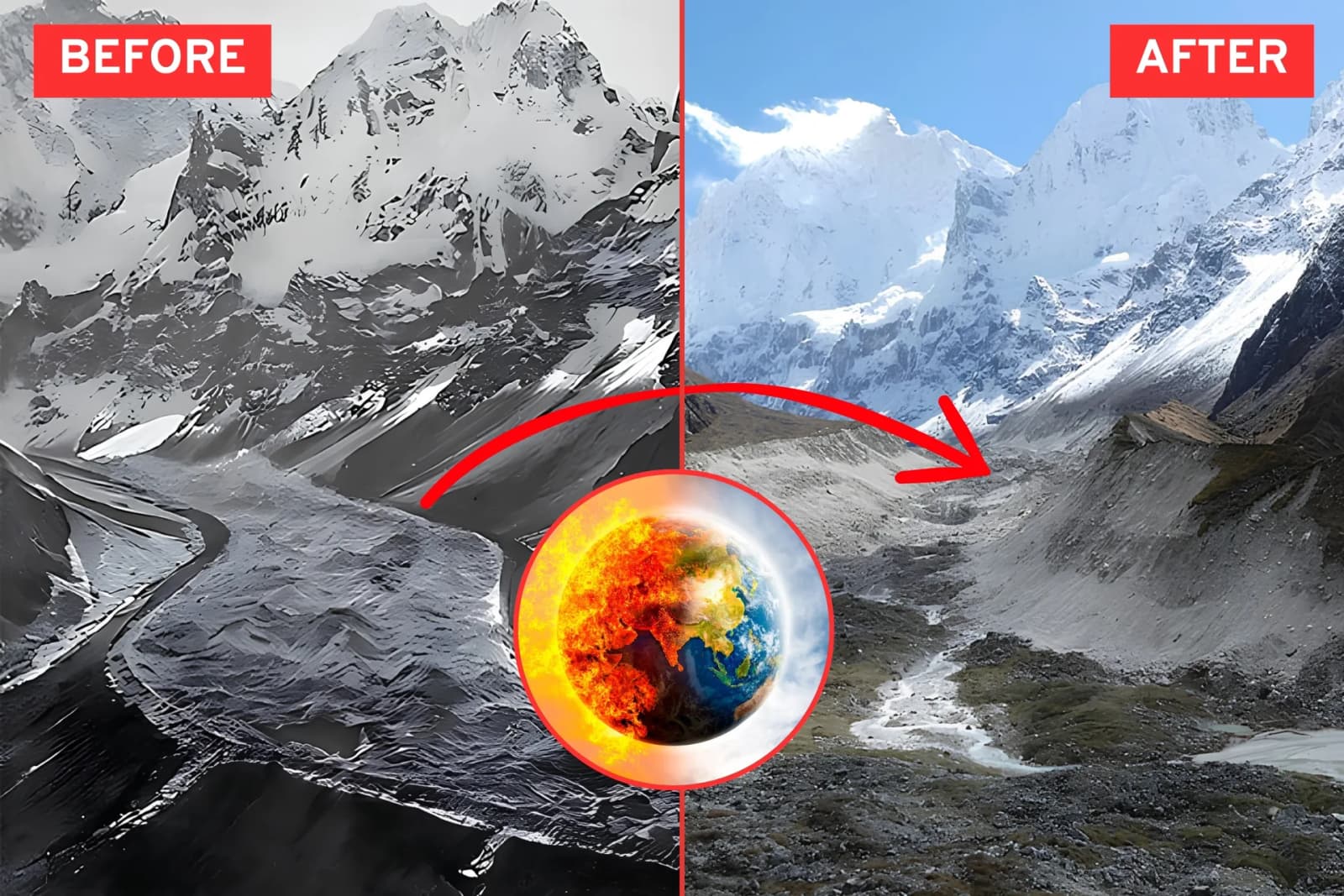 Snow-covered Himalayan mountains in Nepal with melting glaciers, highlighting the growing impact of climate change on the country's natural resources.