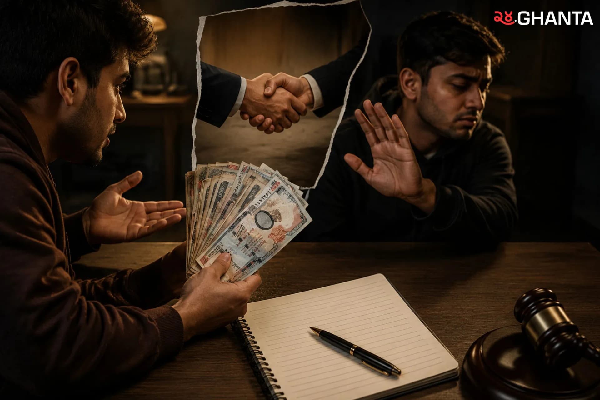 legal dispute scene showing a borrower refusing repayment while money, documents, and legal symbols highlight the importance of written proof and financial responsibility