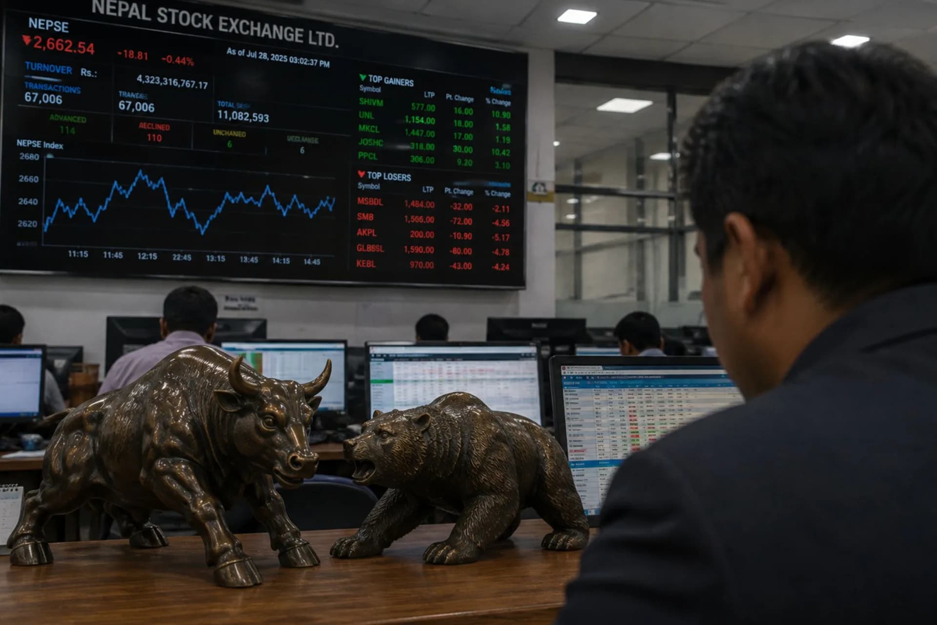 NEPSE trading floor featuring bull and bear statues symbolizing rising and falling markets, surrounded by traders and live market screens.