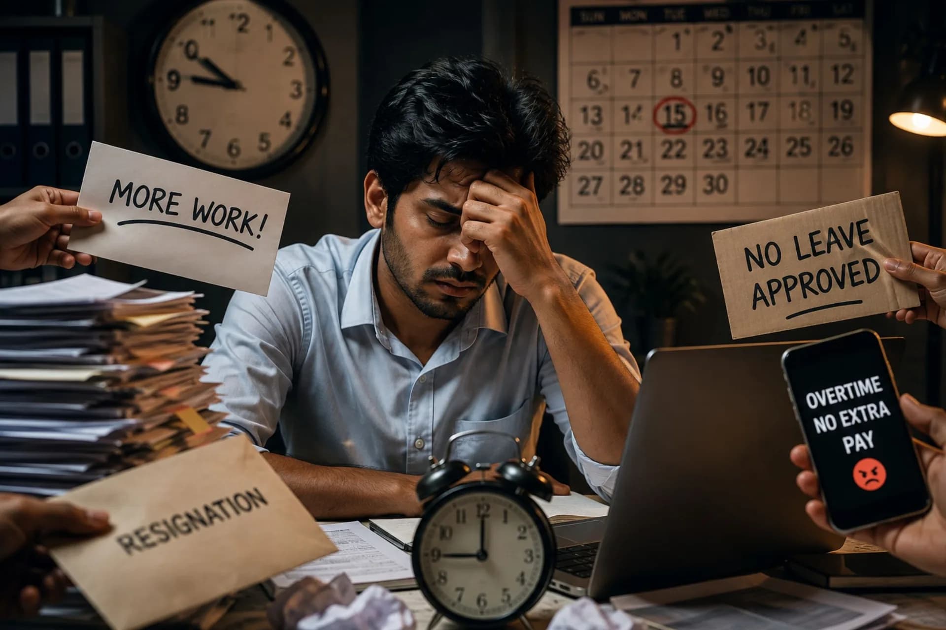 A stressed employee is overwhelmed by extra work, denied leave, unpaid overtime, and resignation pressure, highlighting common workplace problems Nepal’s Labour Act addresses.