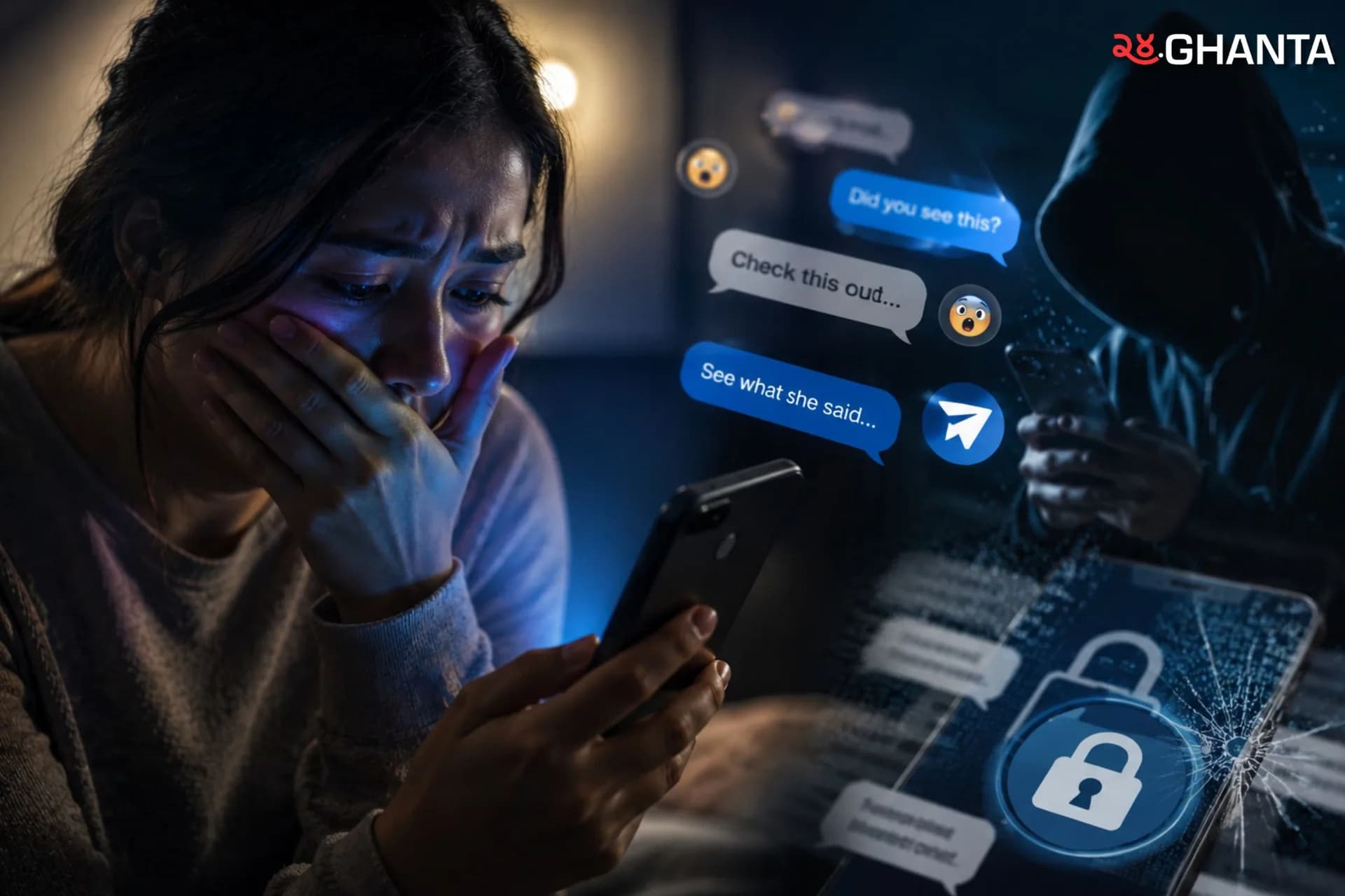 A worried user, leaked chats, and a broken digital lock visually represent the fear and risk of private conversations being exposed without permission