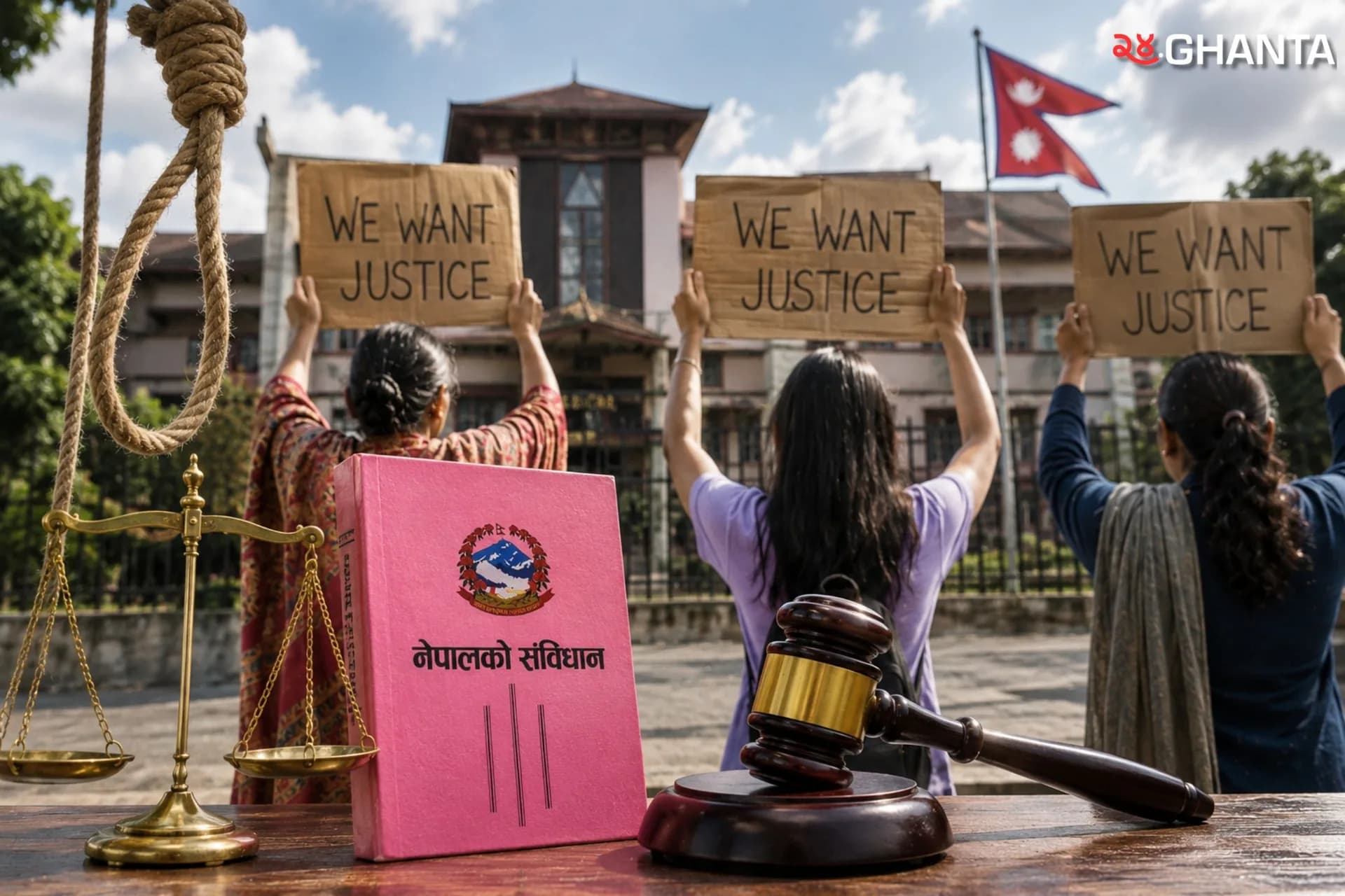 Citizens demanding justice while the Constitution, legal system, and death penalty debate stand at the center of the national conversation.