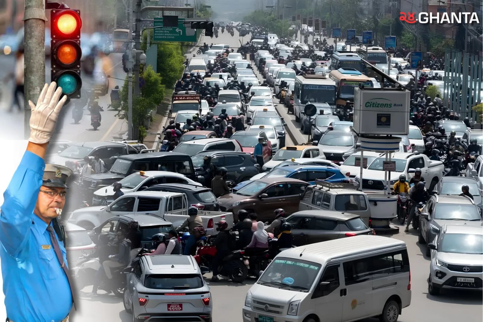 A crowded Kathmandu road filled with motorcycles, buses, and cars stuck in slow-moving traffic as commuters wait under the city’s busy streets.