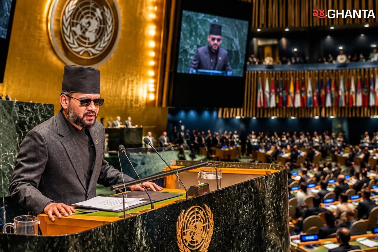 Prime Minister Balendra Shah addresses world leaders from the UN podium, presenting Nepal’s concerns and priorities on the global stage.