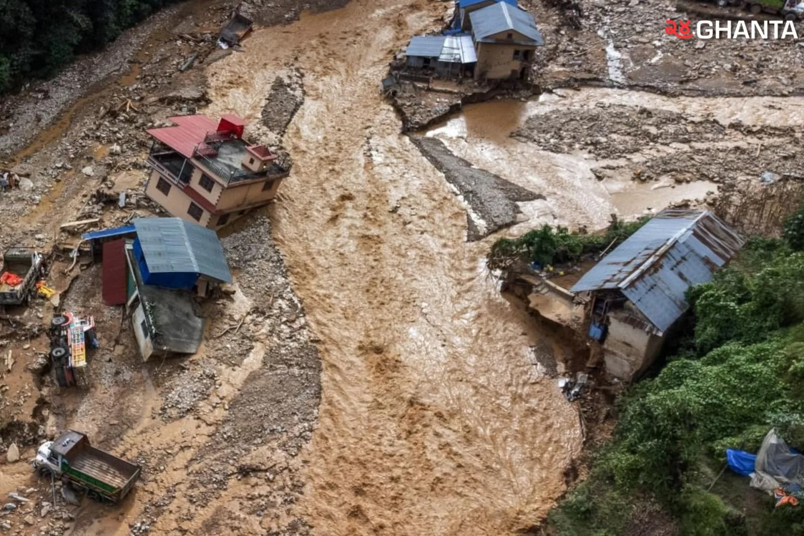 Floodwaters rush from Nepal’s steep mountains into rivers and low lying plains, carrying mud, rocks, and debris downstream.