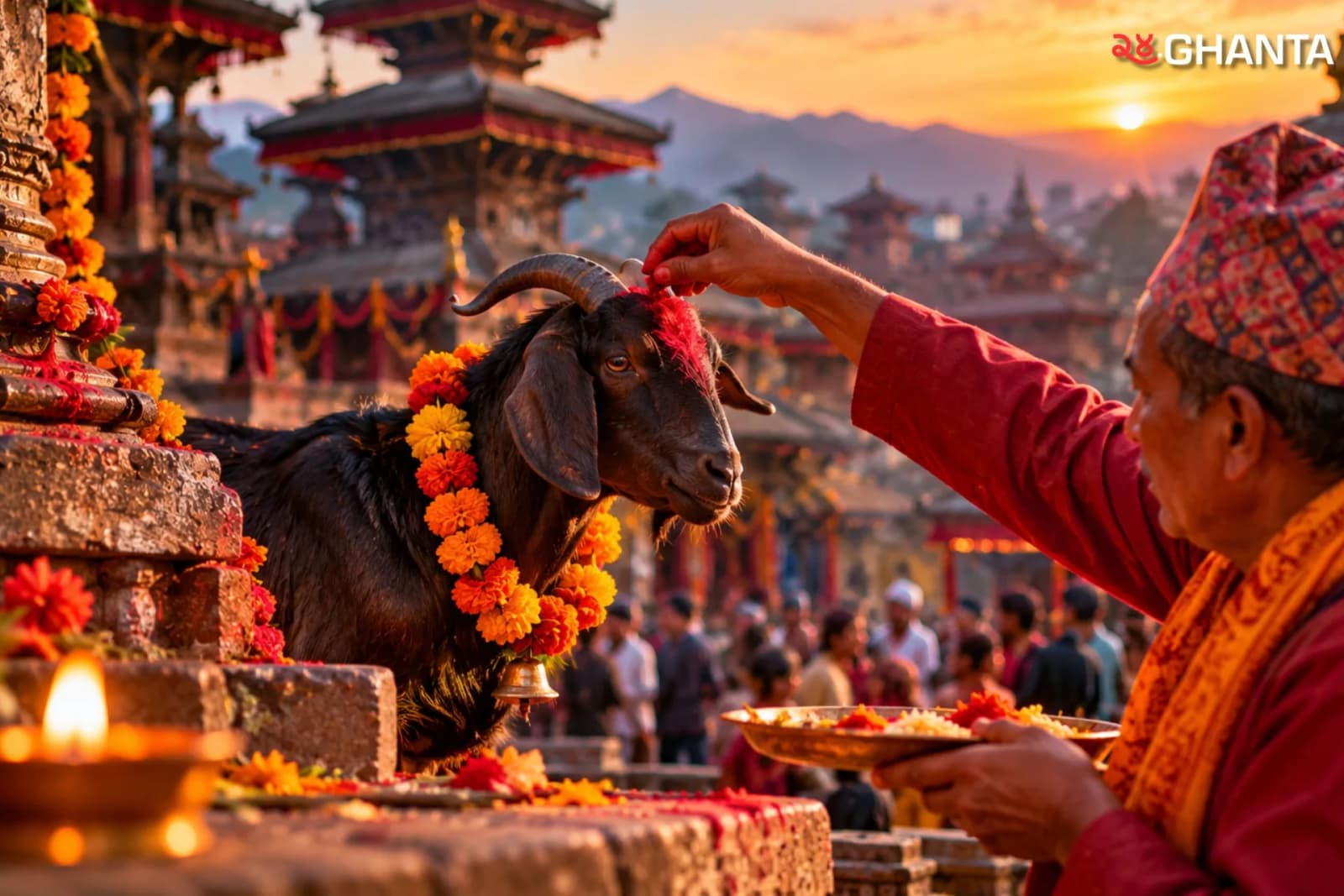 A man offers tika to a goat at a temple during a traditional animal sacrifice ritual in Nepal