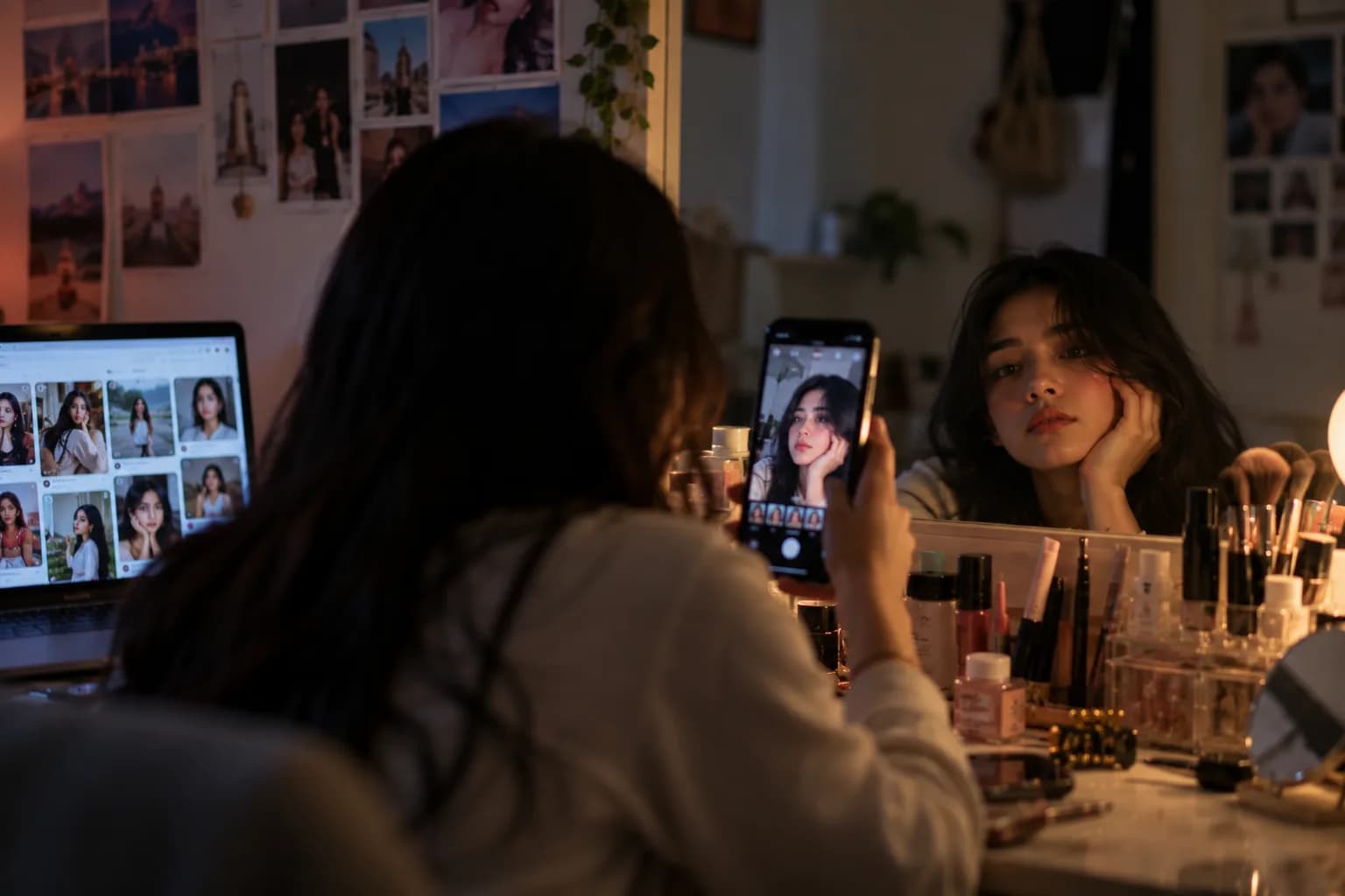 A young woman compares her natural appearance in the mirror with her filtered selfies and beauty images on social media, reflecting the pressure to meet unrealistic beauty standards.