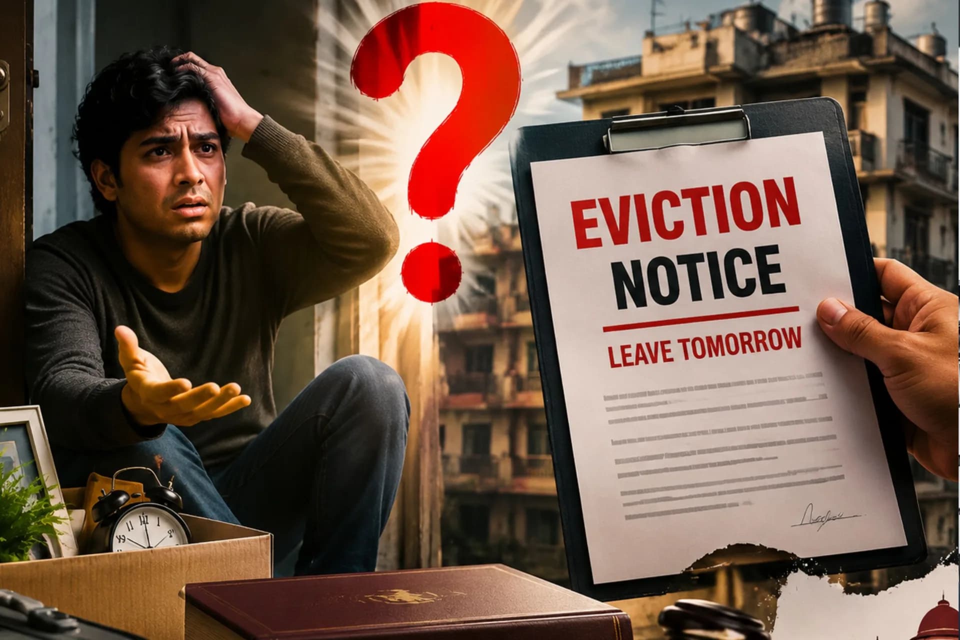 A tenant faces an unexpected eviction notice while the law, rental agreement, and legal protections determine whether the landlord’s action is valid