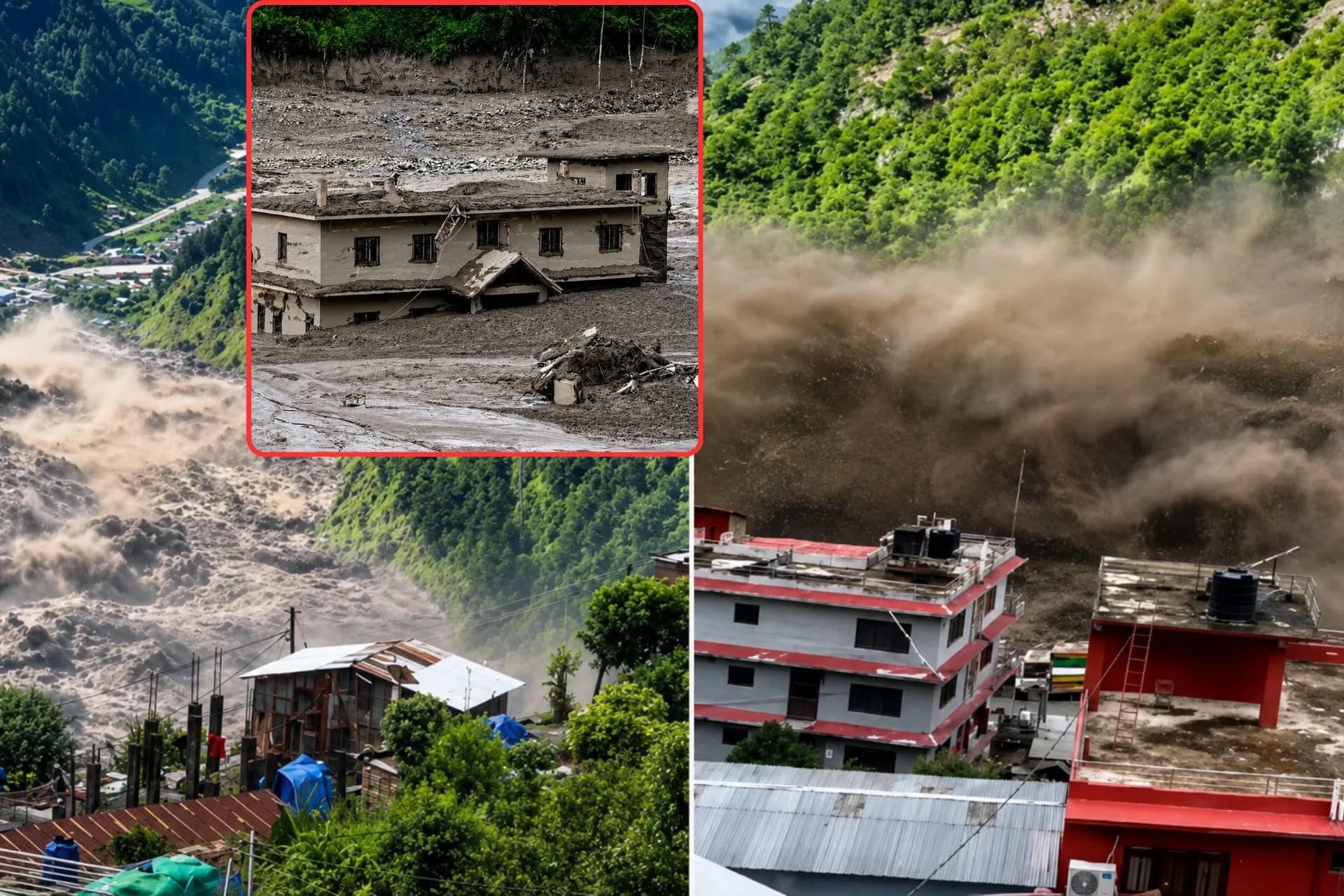 A massive surge of mud, rocks, and debris rushes through a mountain valley toward settlements and homes in its path.